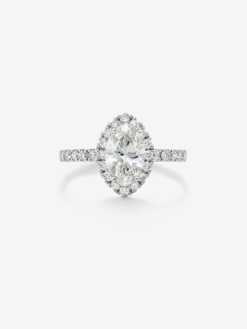18K white gold solitaire ring with marquise-cut diamond and diamond halo image number 3