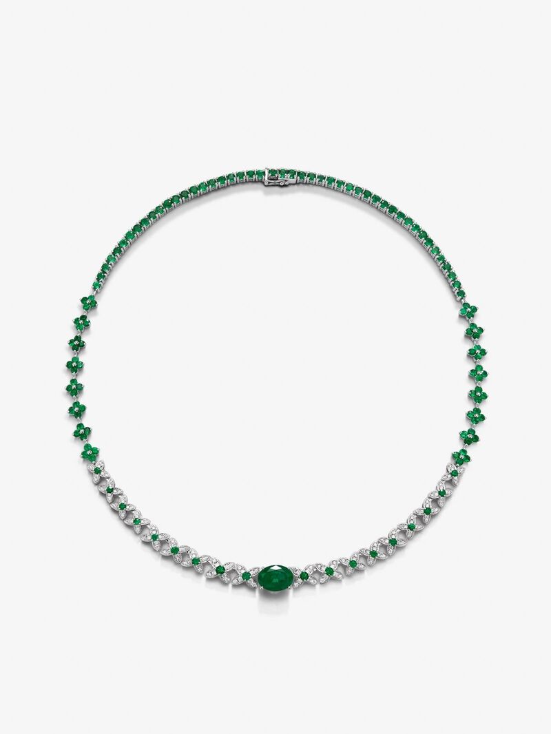 18K white gold necklace with diamonds and emerald. image number 0