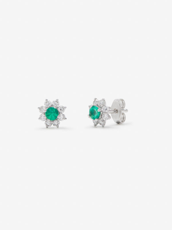 Pendientes flor de oro blanco de 18kt con esmeralda de 0,10cts y diamantes, PE18045-OBDE3_V