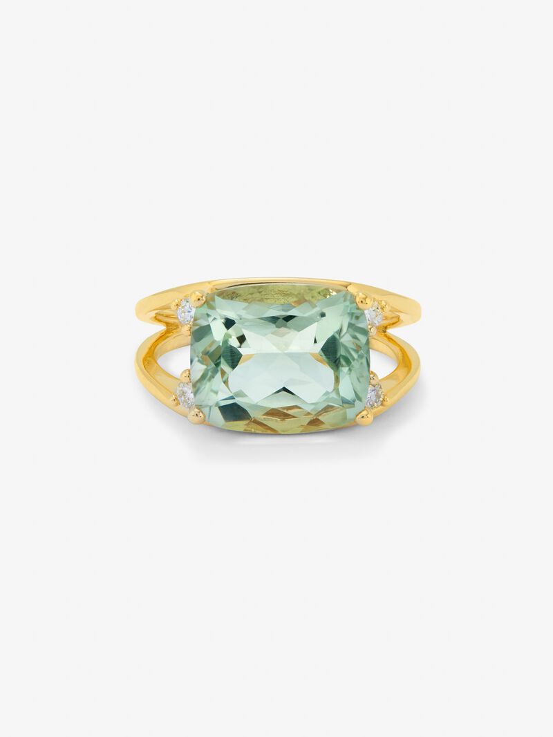 18K yellow gold ring with green amethyst in 7.3 cshion size and white diamonds in 0.13 cts image number 2