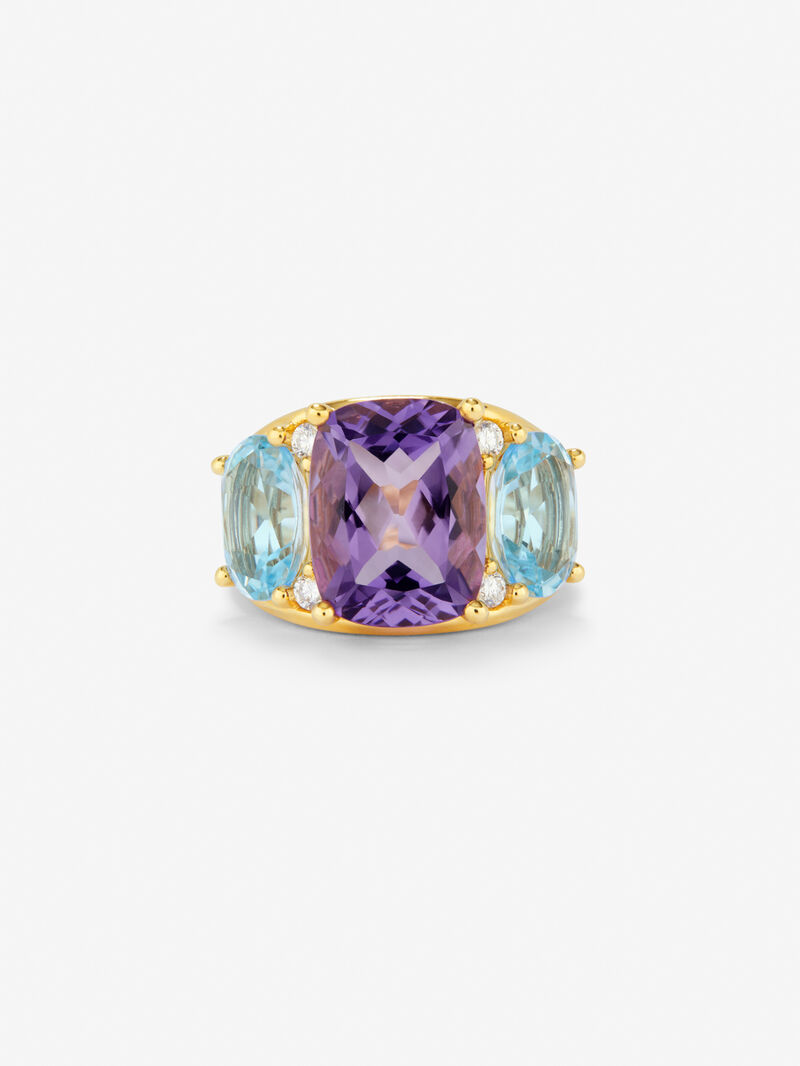 18kt yellow gold ring with diamonds, Sky and amethyst topacios image number 2