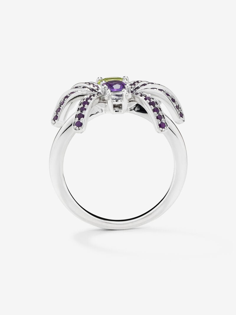 Silver spider ring with peridotos and amethyst image number 2