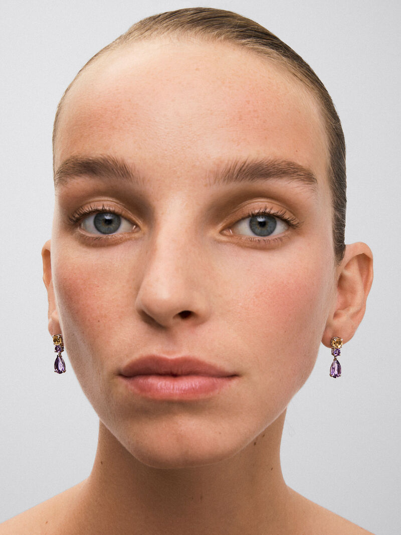 925 silver earrings with pear-cut purple amethysts of 2.56 cts and brilliant cut of 0.42 cts, and brilliant-cut citrine quartz of 1.18 cts image number 3