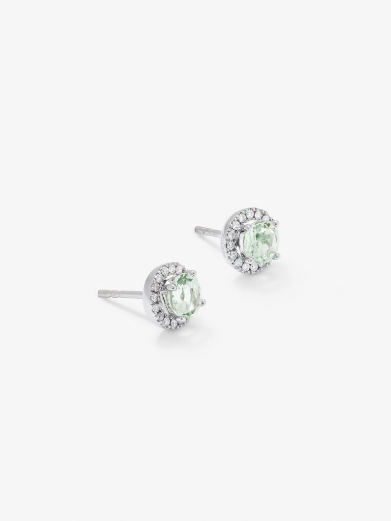 18K White Gold Button Earrings with Green Amethyst and Diamond image number 2