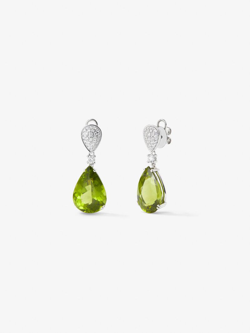 18K white gold earrings with 56 brilliant-cut diamonds with a total of 0.55 cts and 2 pear-cut green peridots with a total of 31.02 cts image number 1
