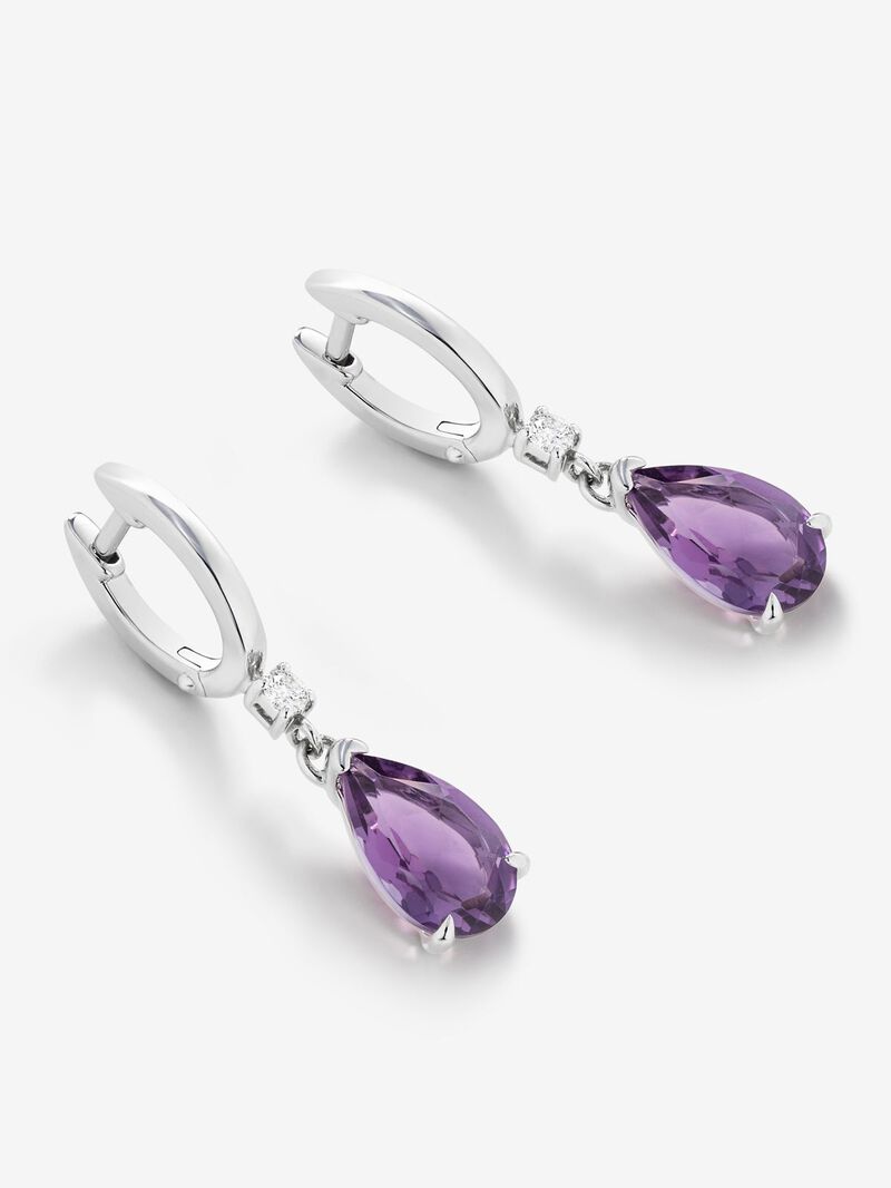 925 Silver hoop earrings with amethyst and hanging diamond. image number 2