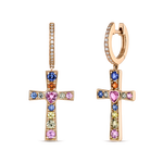 Pendientes cruz de oro rosa de 18kt con zafiros multicolor y diamantes, PE19105-ORZMULT_V
