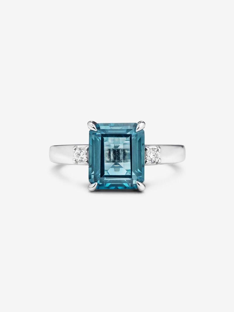 925 silver ring with emerald-cut London blue topaz of 3.74 cts and 2 brilliant-cut diamonds with a total of 0.09 cts image number 1