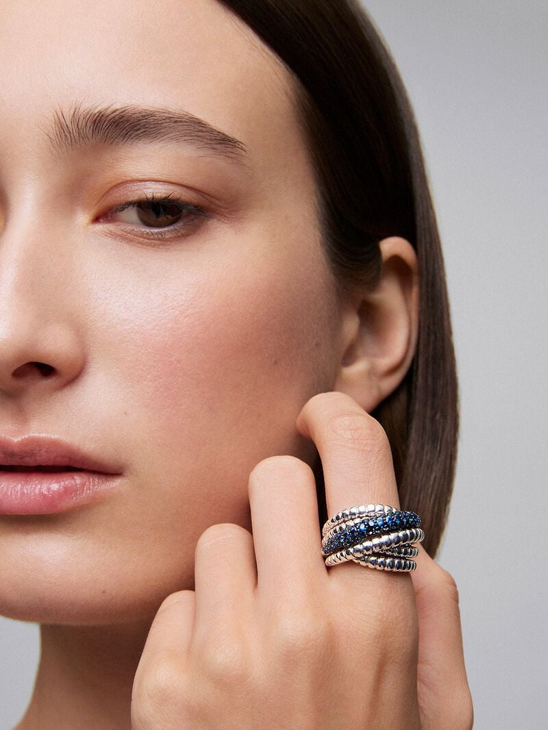 Wide multiband torsade ring in 925 silver with sapphires image number 1
