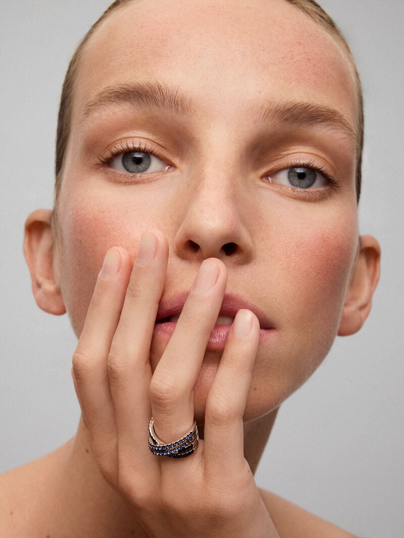 925 silver double arm cross ring with 36 brilliant-cut blue sapphires with a total of 1.26 cts and 22 black spinels with a total of 0.63 cts image number 3