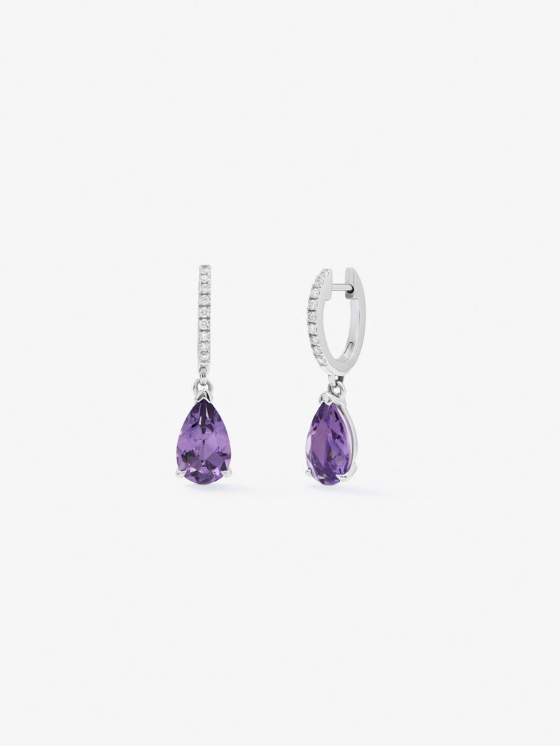 18K White Gold Hoop Earrings with Amethyst and Diamond Pendant image number 0