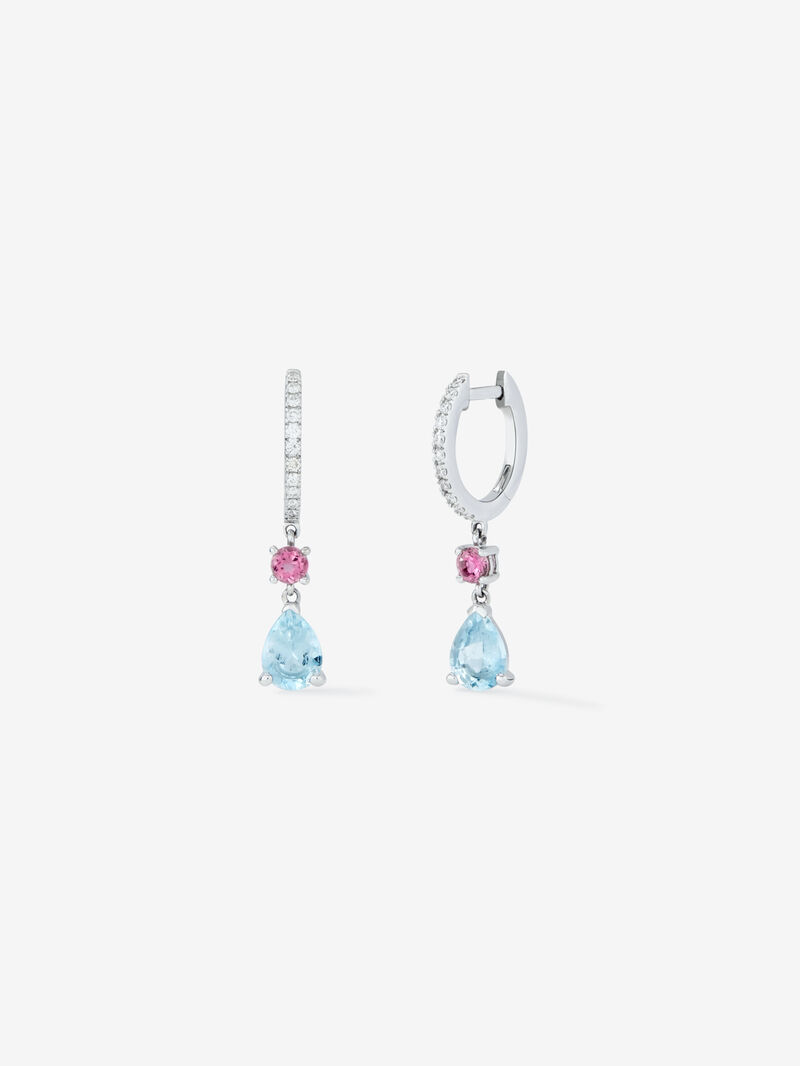 Hoop earrings with 18K white gold pendant featuring aquamarine and tourmaline. image number 0