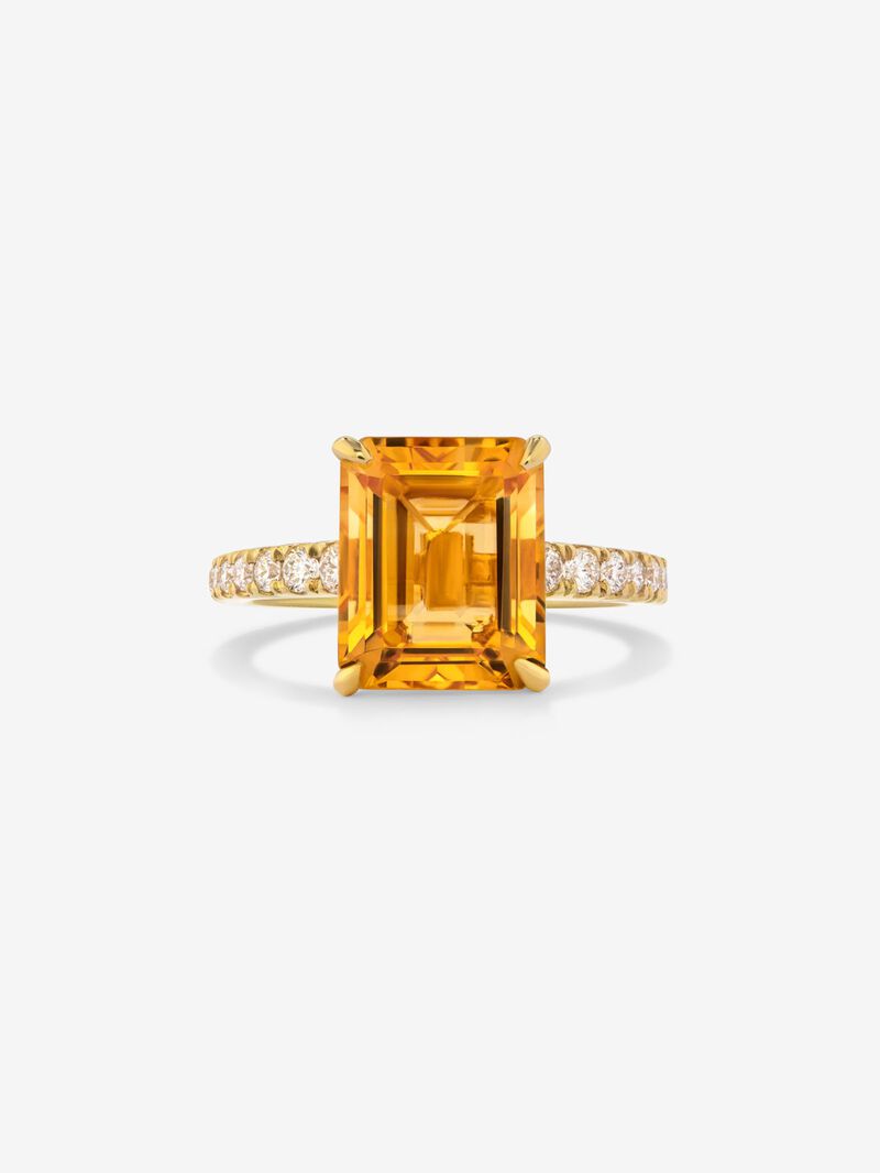 18K yellow gold ring with radiant cut citrine quartz of 1.2 cts and 18 brilliant cut diamonds with a total of 0.18 cts image number 2