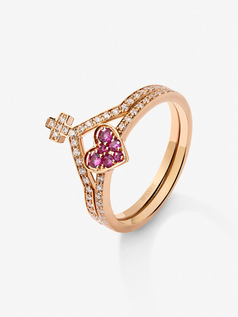 18Kt rose gold ring with diamonds and pink sapphires image number 0
