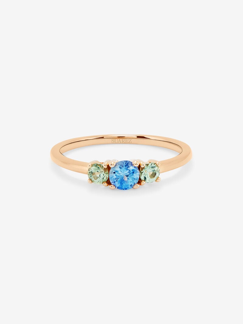 18K rose gold triple ring with blue sapphire and 2 green sapphires in brilliant cut with a total of 0.55 cts image number 2
