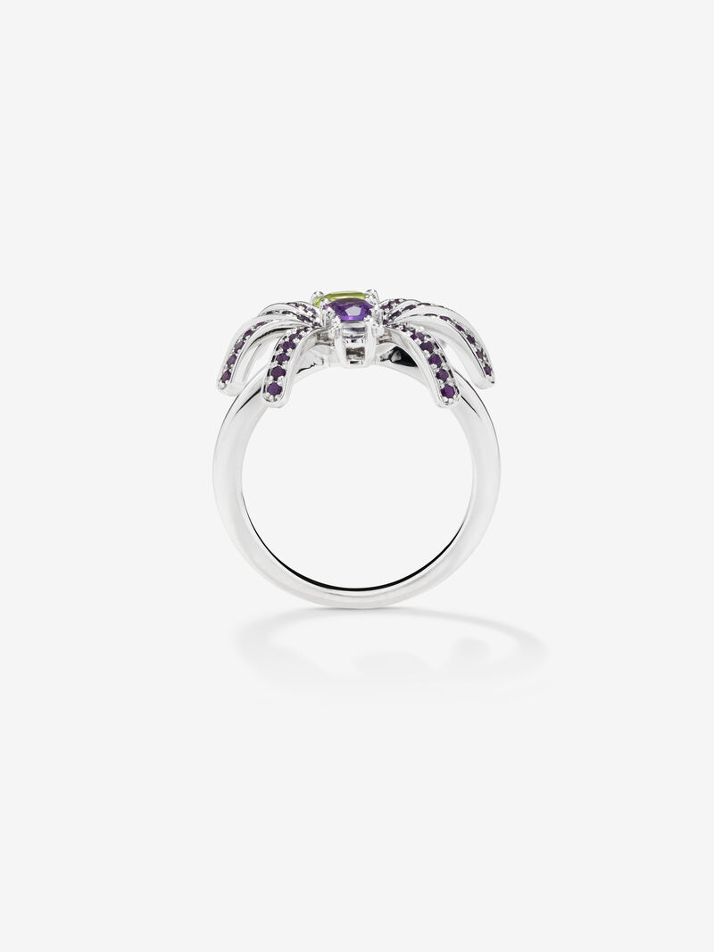 Silver spider ring with peridotos and amethyst image number 1
