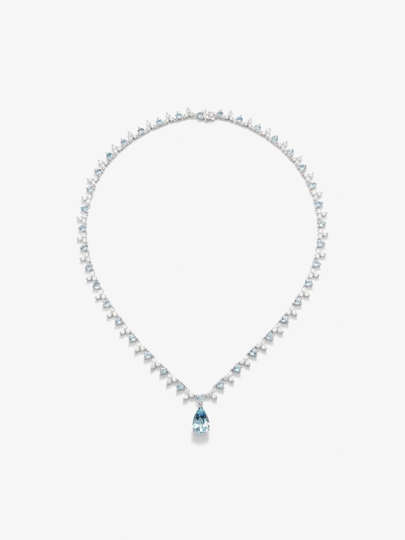 18K white gold rivière necklace with pear-cut blue aquamarine of 3 cts, 38 brilliant-cut blue aquamarines with a total of 5.7 cts and 114 brilliant-cut diamonds with a total of 6.25 cts image number 1