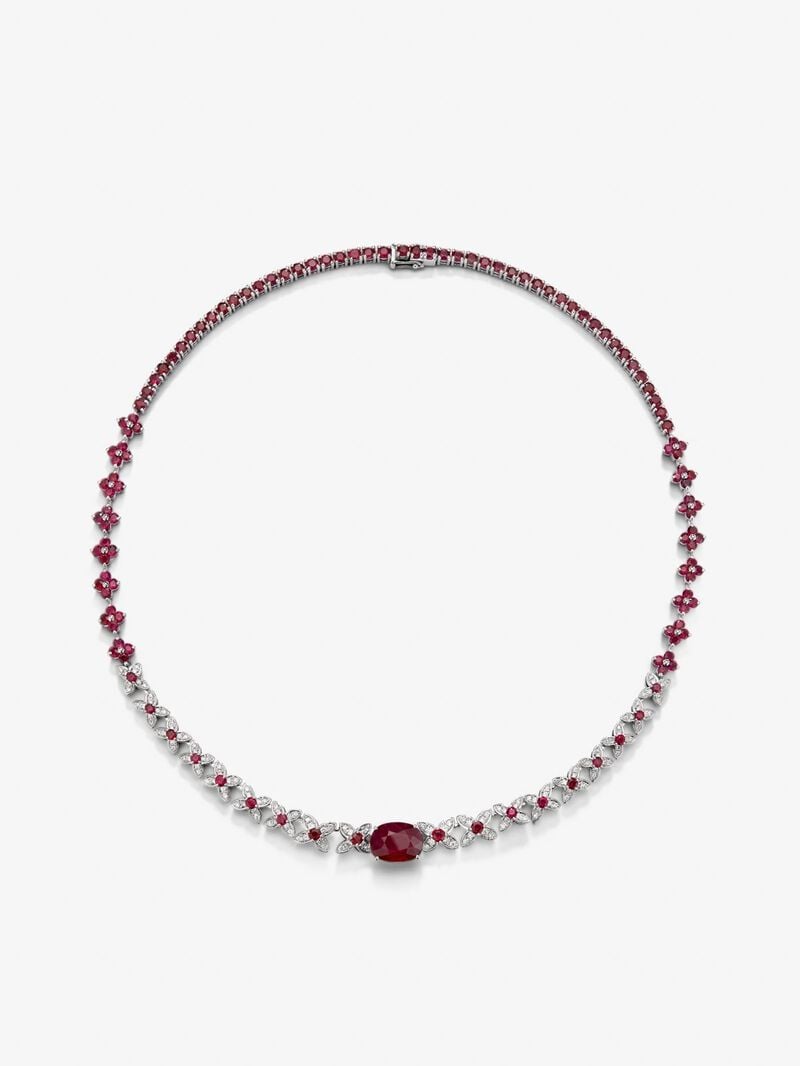 18K white gold necklace with red ruby ​​blod in 5,04 cts oval size, red ruby ​​in 13 cts and white diamonds in bright size of 1.11 cts image number 0
