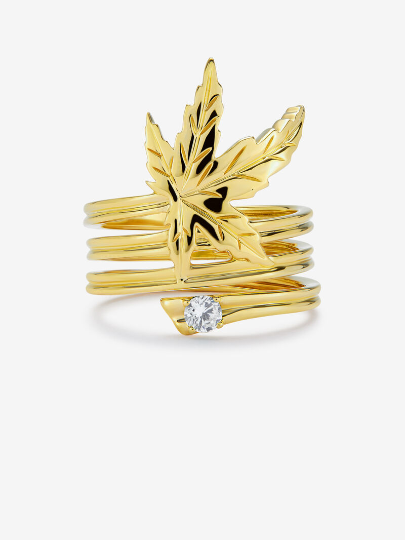 18K Yellow Gold Ring with a 0.10 ct Brilliant-Cut Diamond and Maple Leaf Shape image number 2