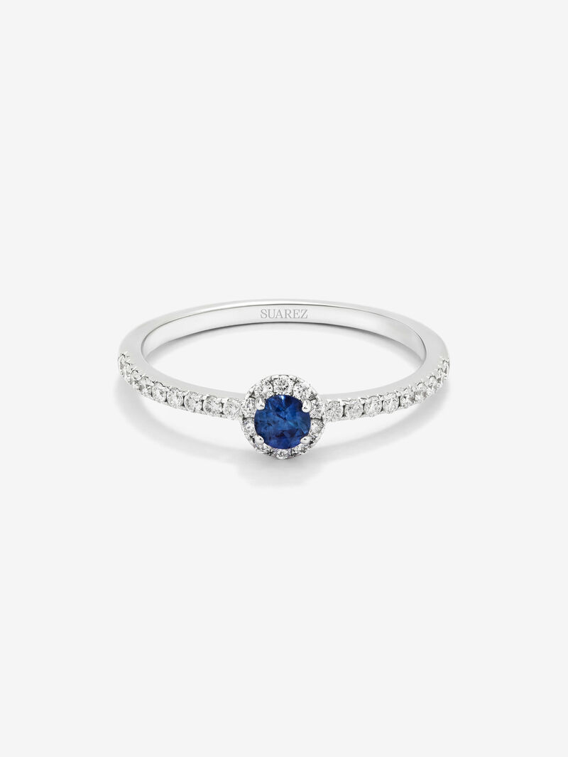 18K white gold ring with brilliant-cut blue sapphire of 0.15 cts and border and arm of 28 brilliant-cut diamonds with a total of 0.2 cts image number 2