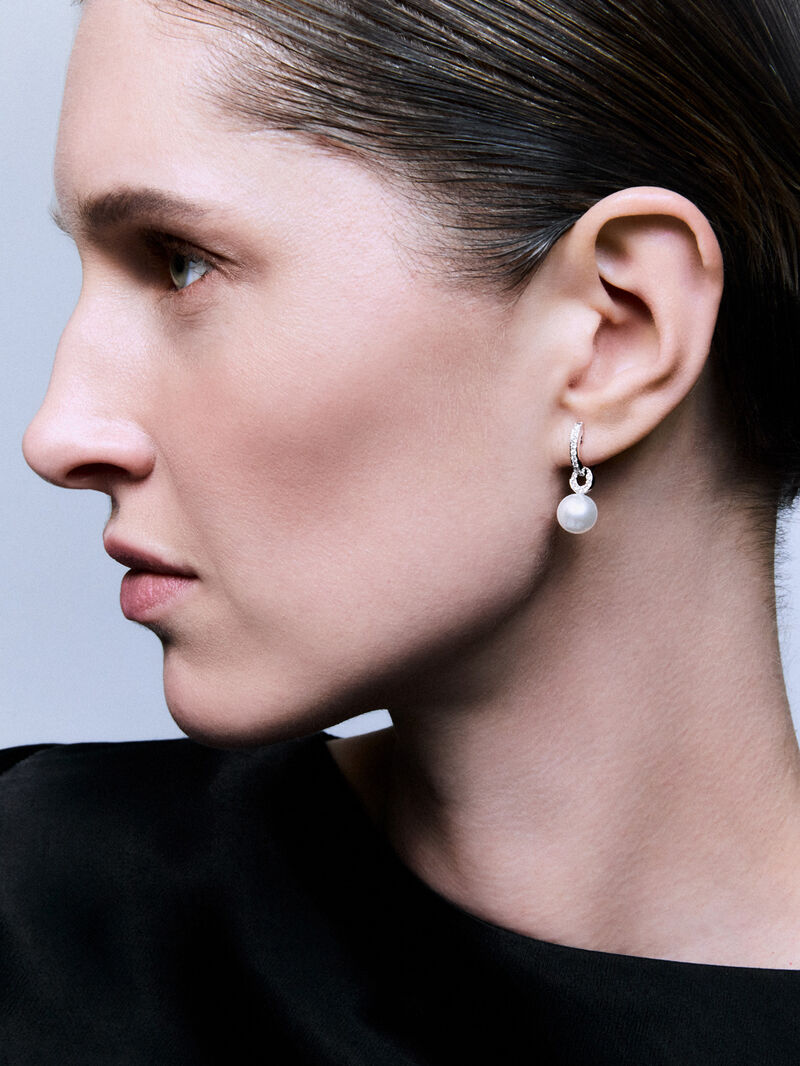 18k white gold hoop earring with 9mm Australian pearl pendant and diamond. image number 5