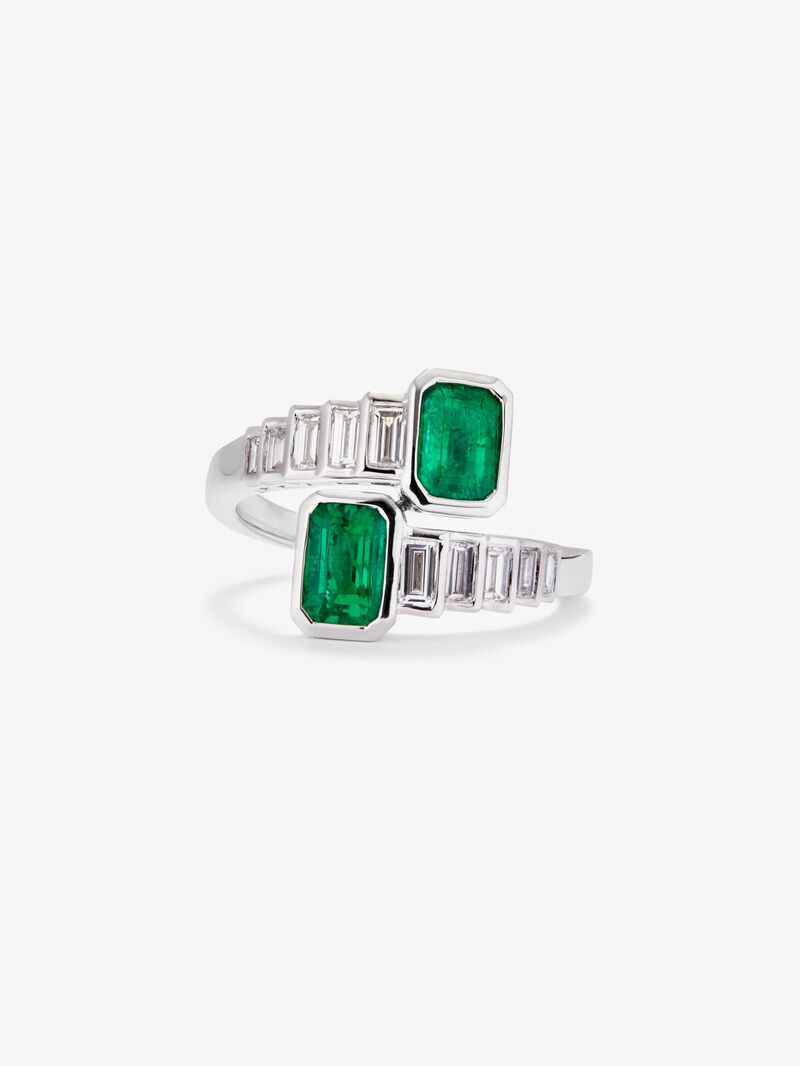You and I 18k White Gold Ring with Green Emeralds in Octagonal Size 1.28 cts and white diamonds in 0.57 cts baggos image number 2