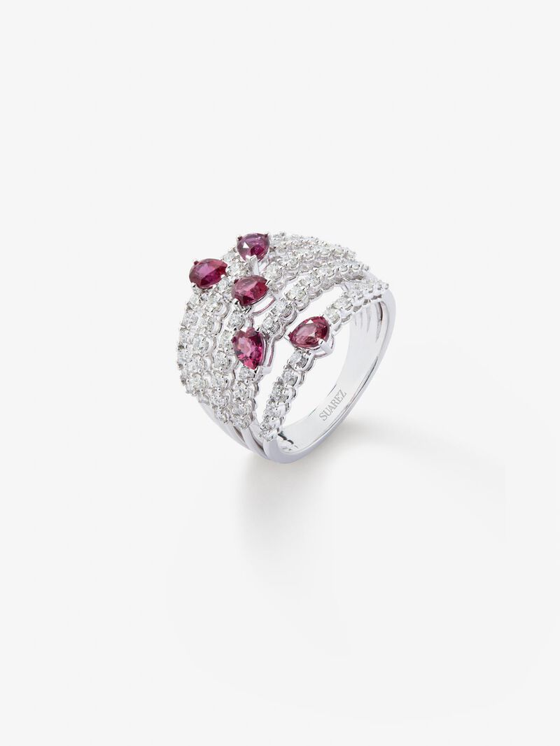 18K white gold ring with 60 brilliant-cut diamonds with a total of 1 cts and 5 pear-cut red rubies with a total of 1.14 cts image number 0