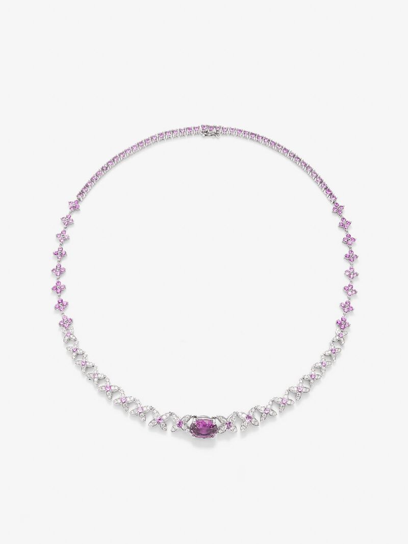 18K white gold necklace with pink sapphires and bright 15.48 cts and white diamonds in bright 1.58 cts image number 0