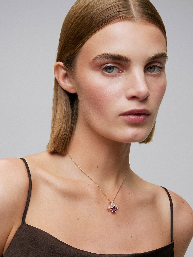 18K Rose Gold Insect Pendant Chain with Amethyst and Pink Sapphire image number 3