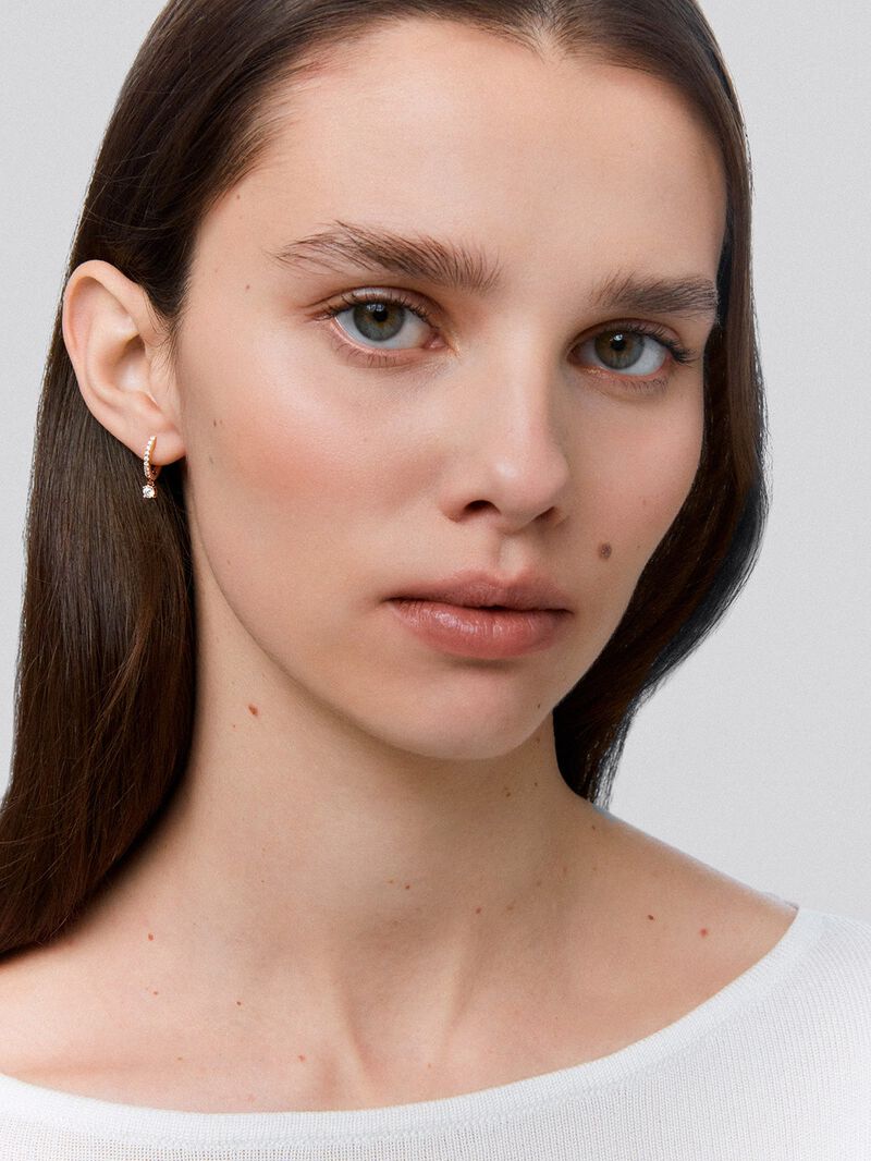 18K Rose Gold Hoop Earrings with Diamond Pendant image number 1