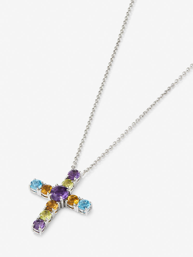 Pendant necklace with 925 silver cross and multicolor gems. image number 2
