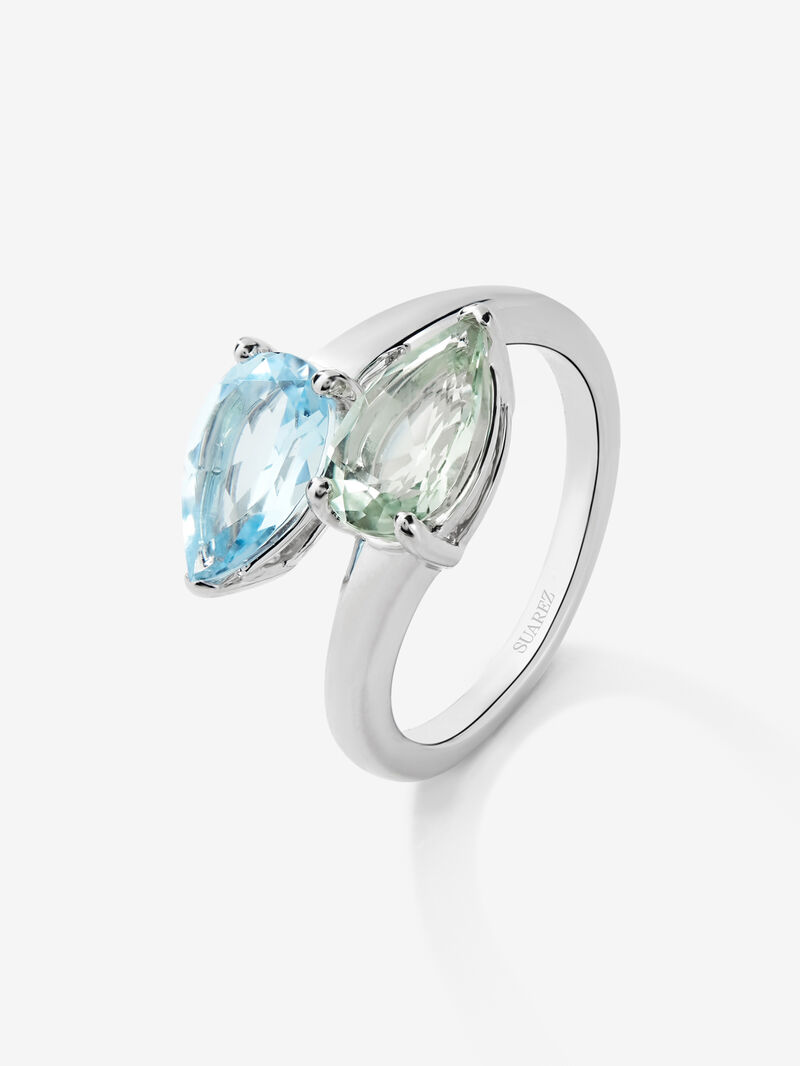 You and me ring in 925 silver with sky blue topaz and pear-cut green amethyst image number 0