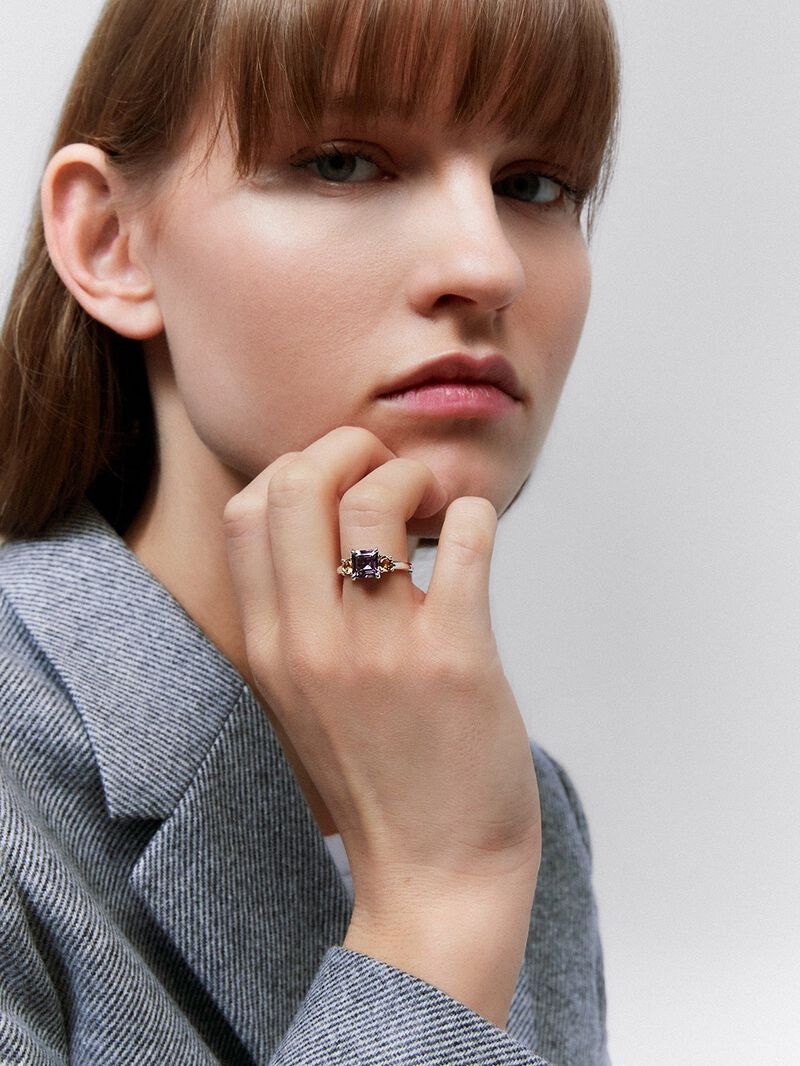"Silver triple ring with a central purple amethyst stone and yellow citrines" image number 0