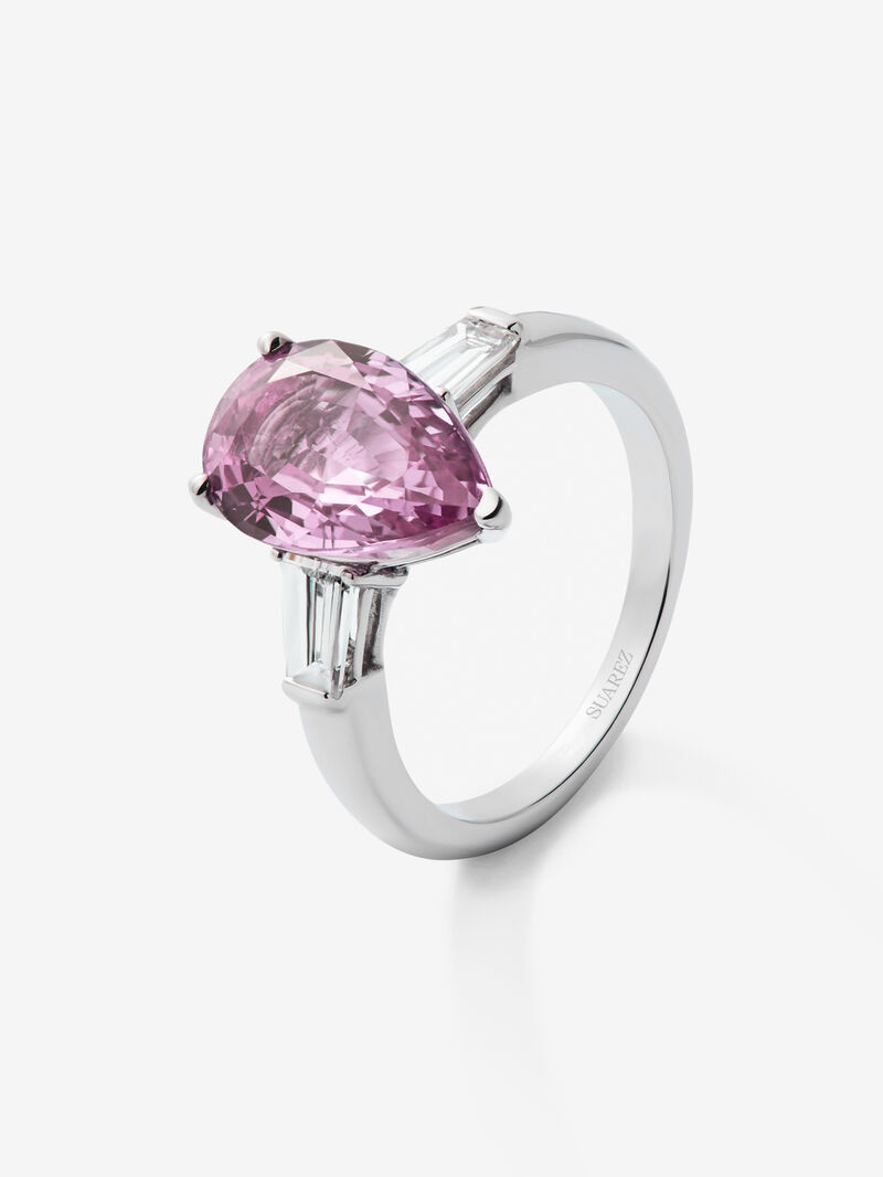 18K white gold ring with pear-cut pink sapphire of 4.86 cts and 2 fancy-cut diamonds with a total of 0.57 cts image number 0