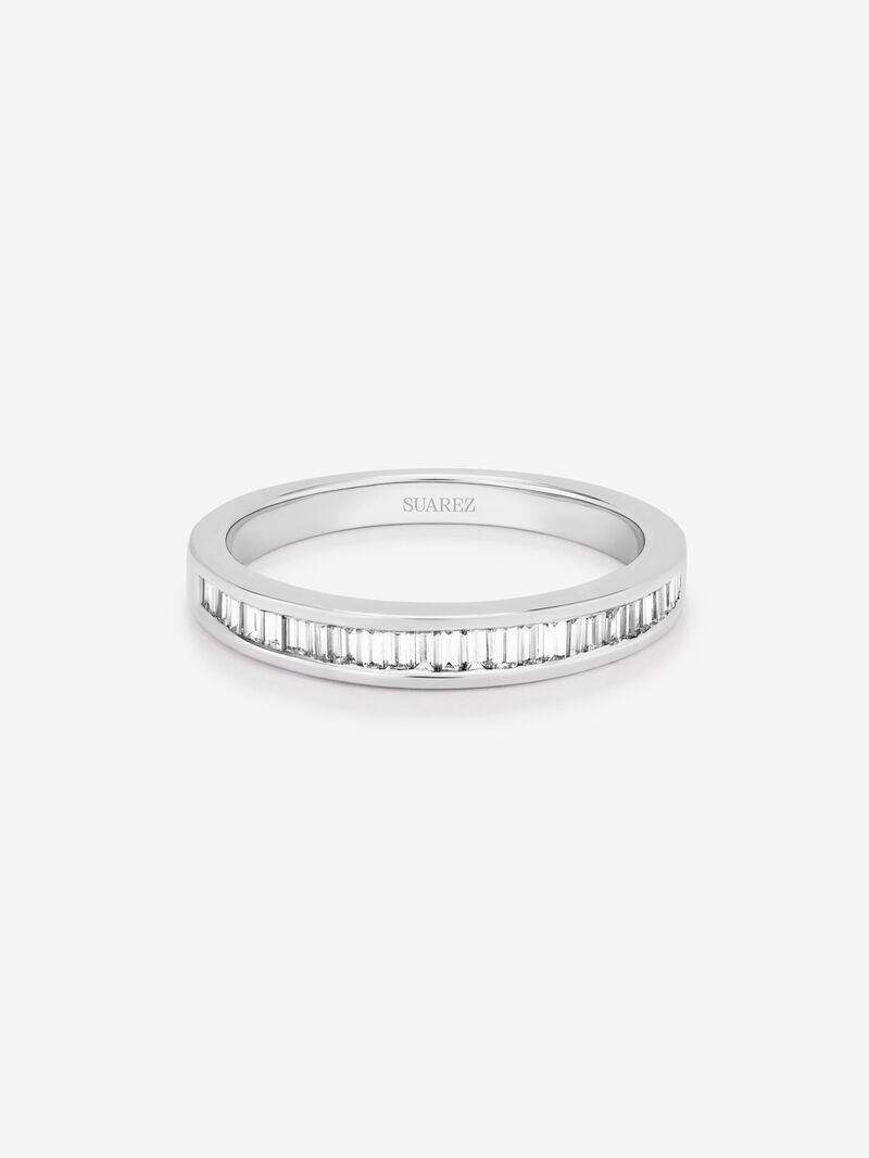 Half engagement ring band made from 18K white gold with baguette cut diamonds set in band. image number 2