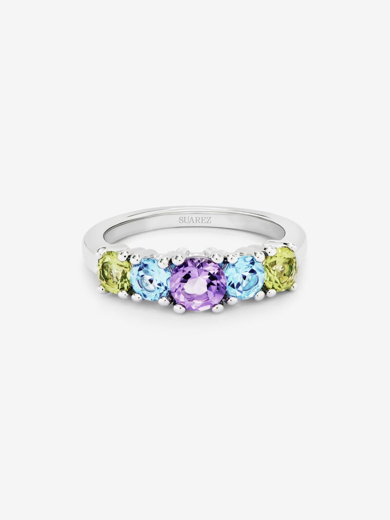 925 silver cinquillo ring with 2 peridots, a purple amethyst, and brilliant-cut Swiss blue topazes image number 2