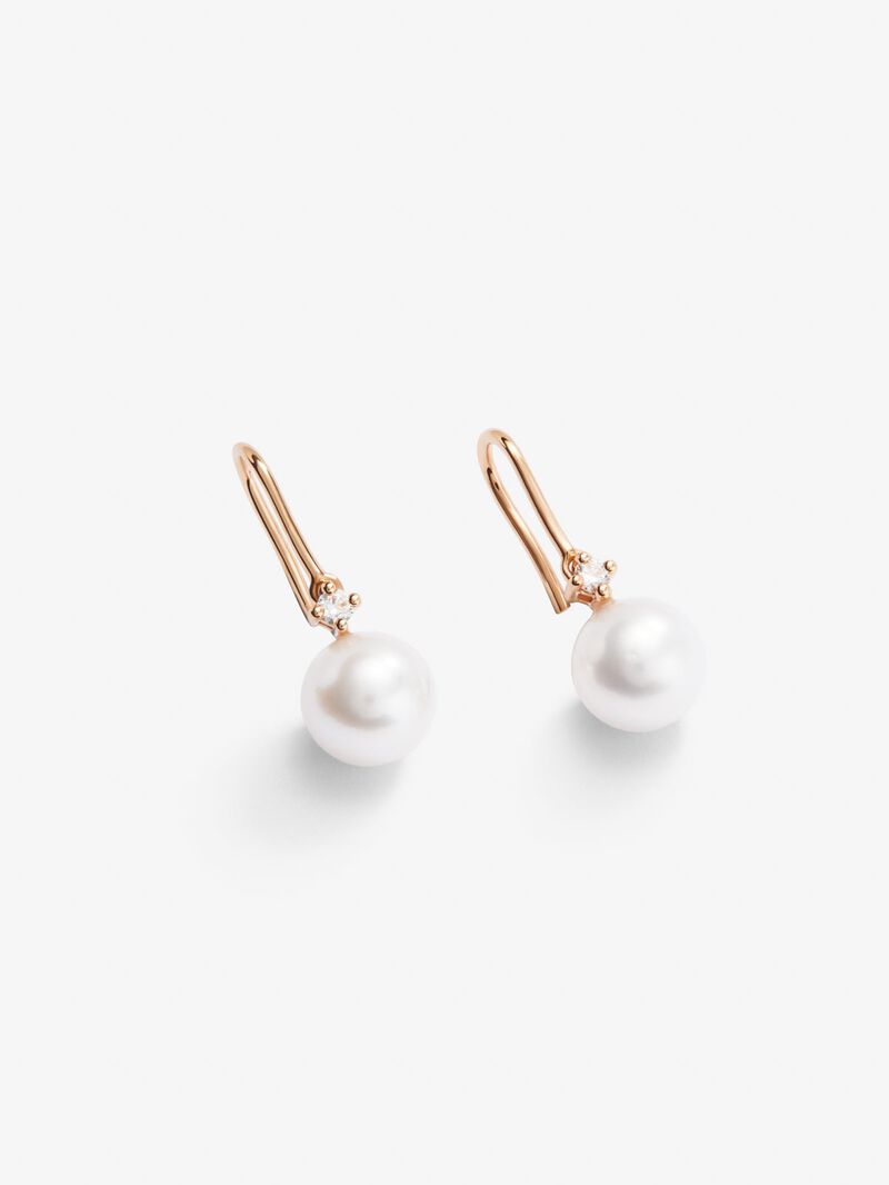 18k rose gold hanging earring with 8mm akoya pearl and diamond. image number 2