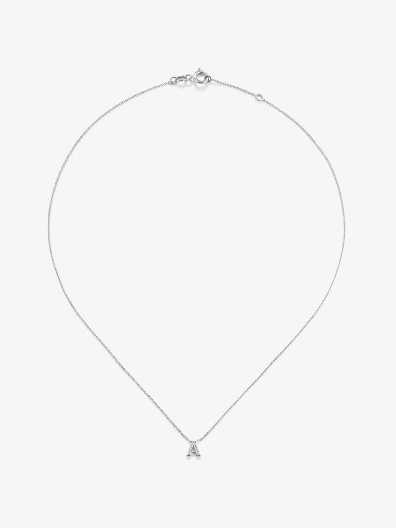 Pendant necklace with small initial in 18K white gold and diamonds. image number 0