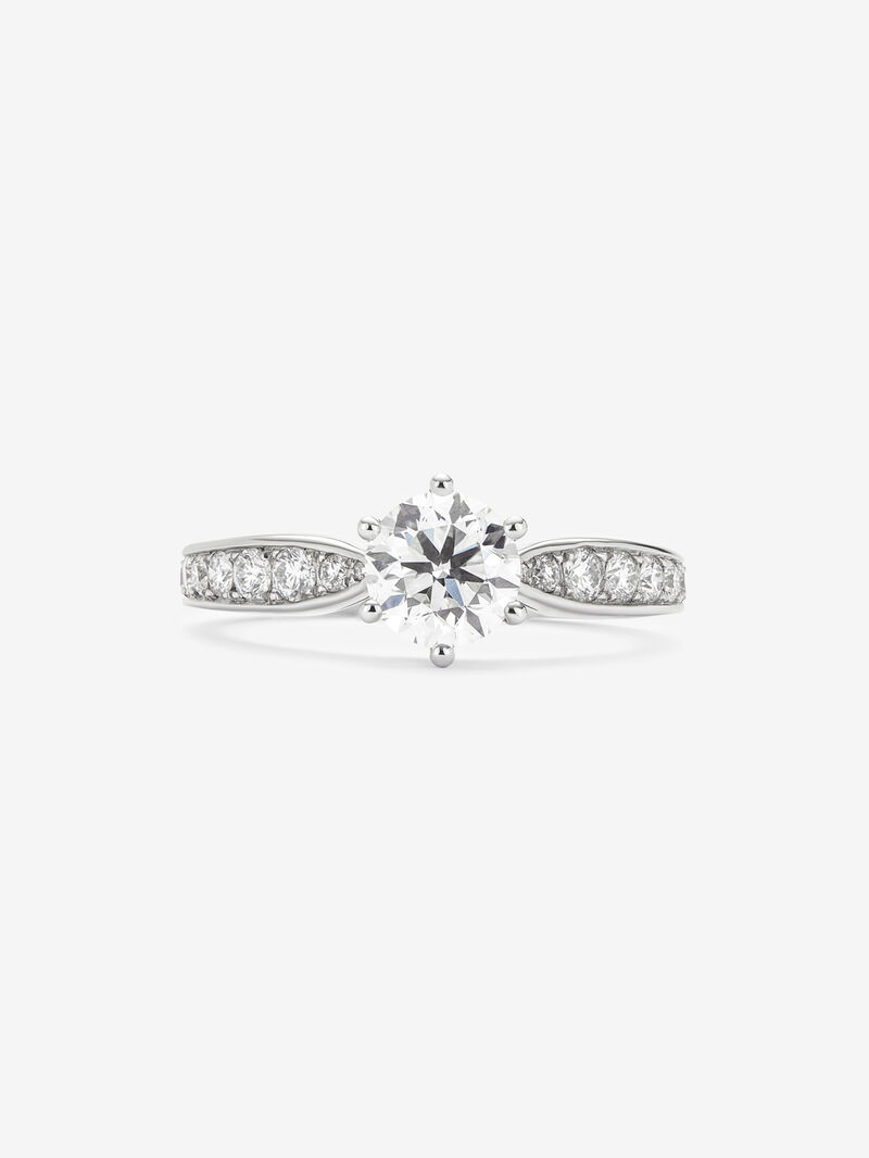 Solitaire ring in 18K white gold with a 1-carat brilliant-cut central diamond and additional diamonds totaling 0.38 cts image number 2