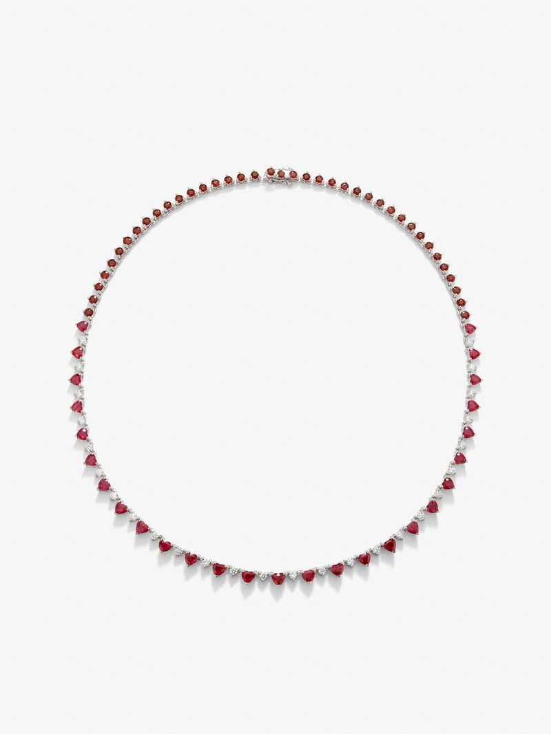 18K white gold necklace with red ruby ​​in bright size and heart of 12.79 cts and diamonds in bright size 1.42 cts image number 0