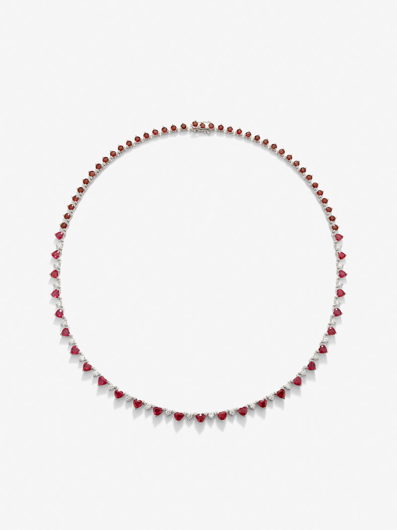 18K white gold necklace with red ruby ​​in bright size and heart of 12.79 cts and diamonds in bright size 1.42 cts image number 0