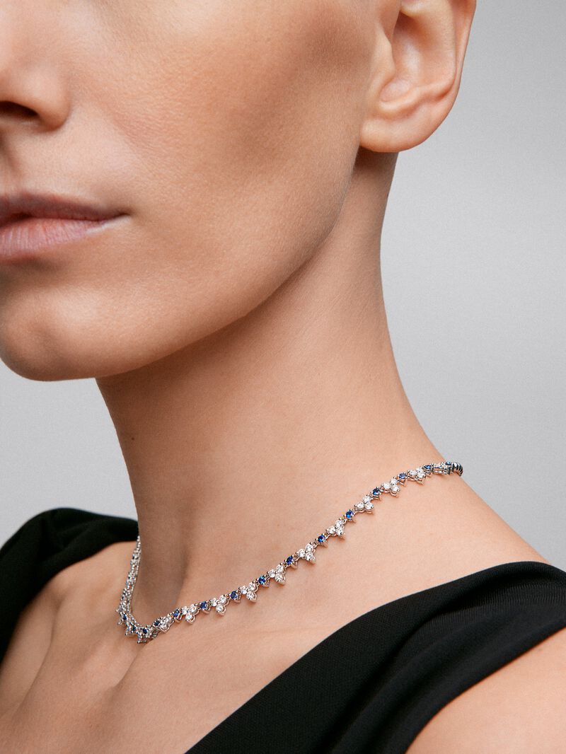 18K White Gold Rivière Collar with Blue Zafiros in Bright Size 1.7 CTS and White Diamonds in Bright Size of 3.97 CTS image number 1