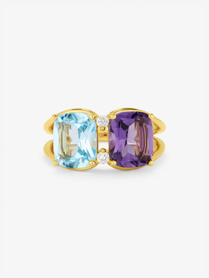 18kt yellow gold ring with diamonds, Sky and amethyst topacios image number 2