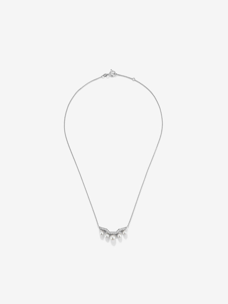 18k white gold pendant chain with five Akoya pearls and diamonds. image number 0