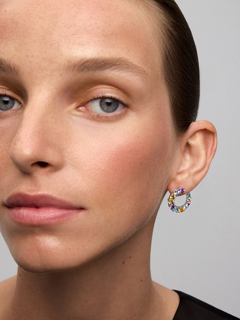 Open Silver Aro Earrings 925 with multicolored gems image number 1