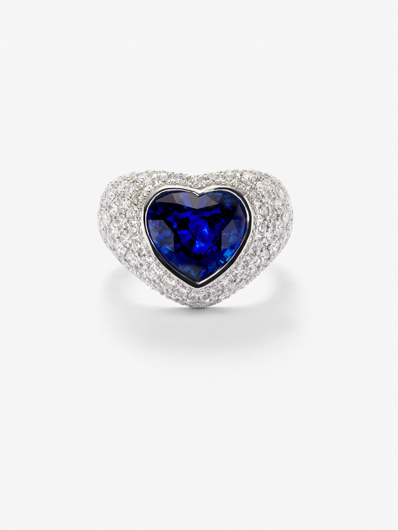 18K White Gold Ring with white diamond pavement in 2.22 cts and blue sapphire in 4.47 cts heart image number 0
