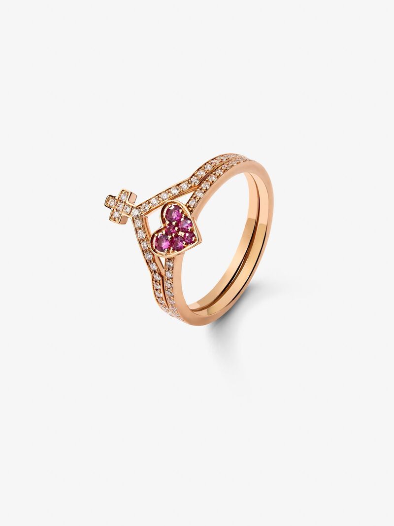 18Kt rose gold ring with diamonds and pink sapphires image number 1