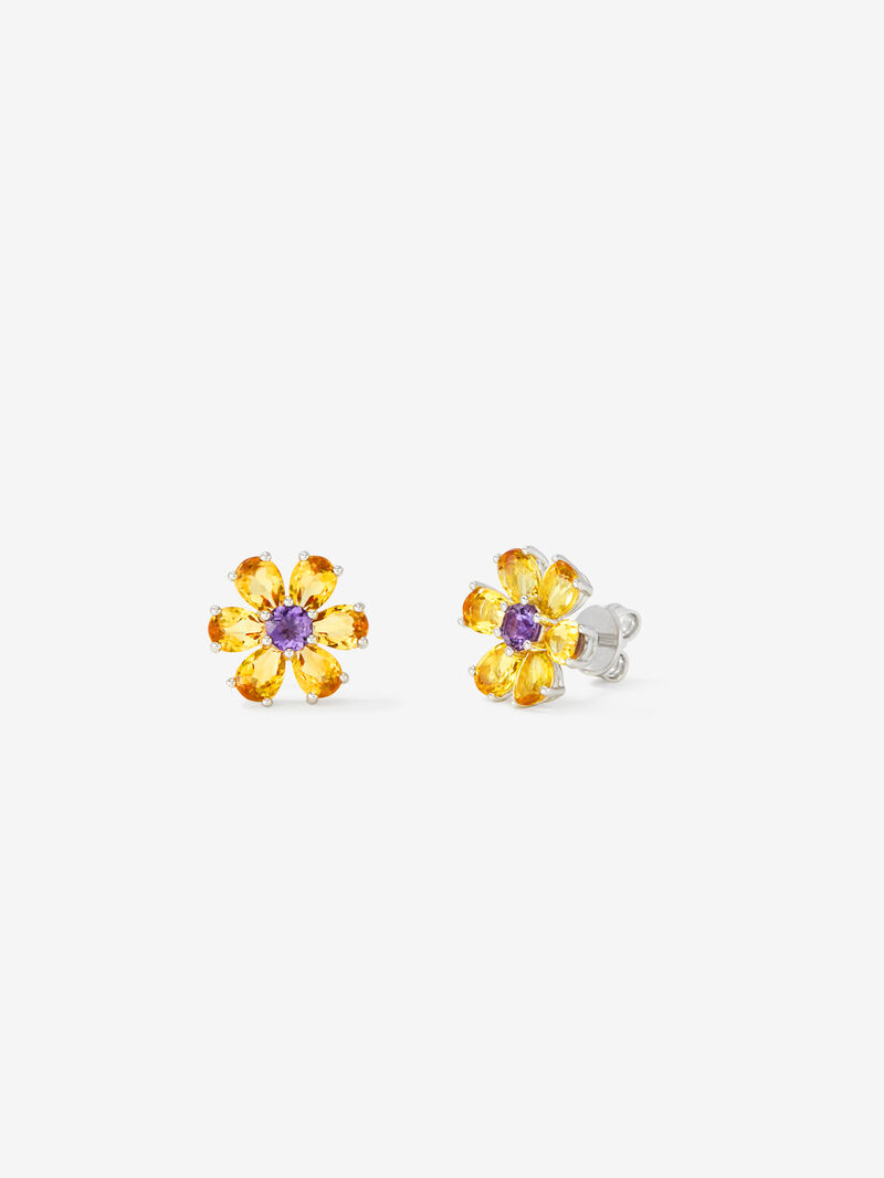 925 Silver Flower Earrings with Amethyst and Citrine image number 0