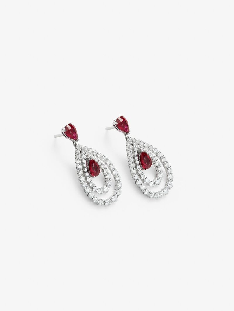 18K white gold earrings with white diamonds in bright size of 3 cts and red rubies in 3,13 cts pear size image number 2