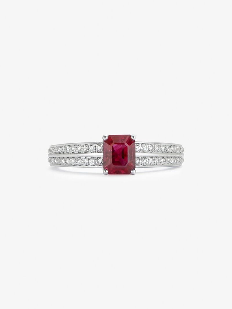 18K white gold ring with octagonal cut ruby ​​of 1,046 cts and 40 brilliant cut diamonds with a total of 0.3 cts image number 1